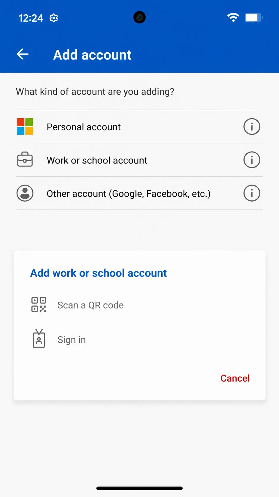 Microsoft Authenticator opened on an Android phone, ready to add a work account