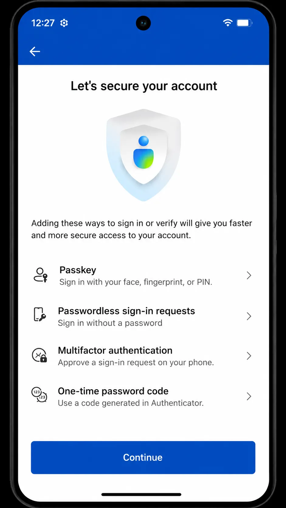 Microsoft Authenticator on Android prompting to create a device-bound passkey protected by fingerprint, Face Unlock or device PIN