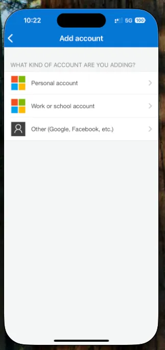 Microsoft Authenticator "Add account" screen on iPhone showing Personal account, Work or school account, and Other options