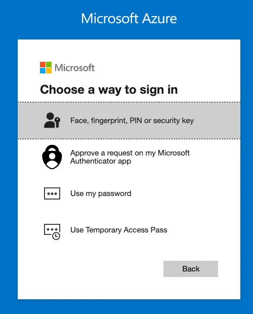 Microsoft sign-in web page titled "Choose a way to sign in" listing Face, fingerprint, PIN or security key and other options